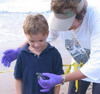 Mary Ann Tous shows Nate a sea turtle hatchling in July of 2008